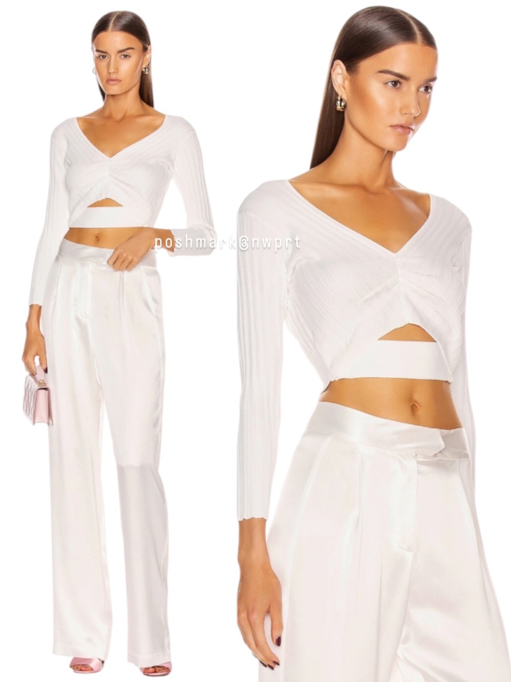 Michelle Mason Ribbed Cutout Crop Top Shirt Ivory White XS P 0